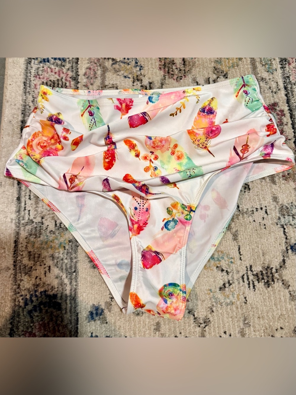 High-Waist Floral Feather Print Bikini Bottoms - White Multi